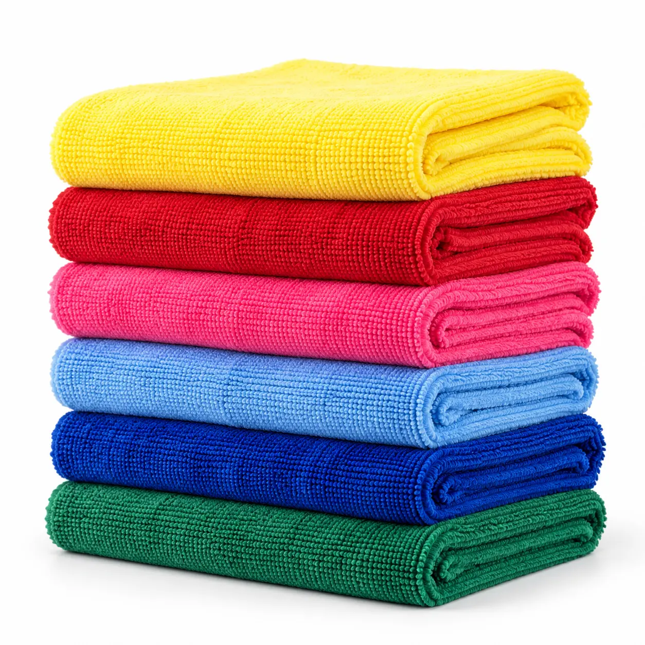 Stack of yellow, red, pink, light blue, blue and green microfiber towels